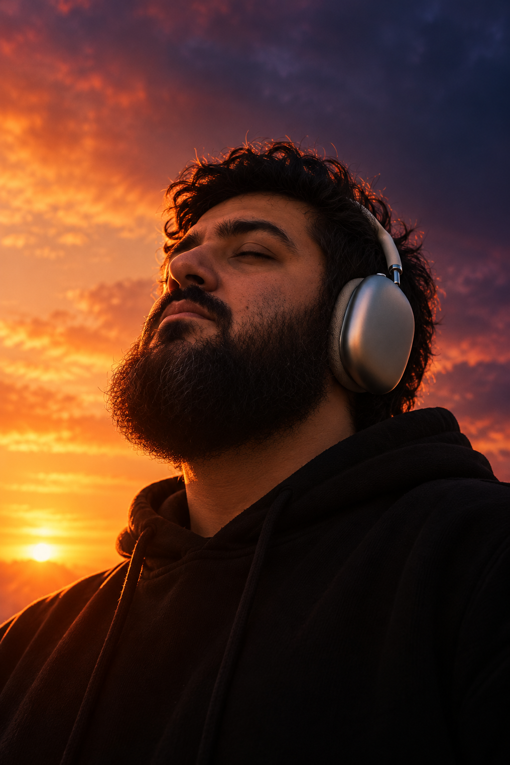 Digital Nights 1987 wearing headphones against a sunset sky